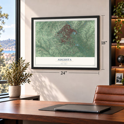 Augusta, Georgia map, 18 x 24 inch print in a black frame in a home office