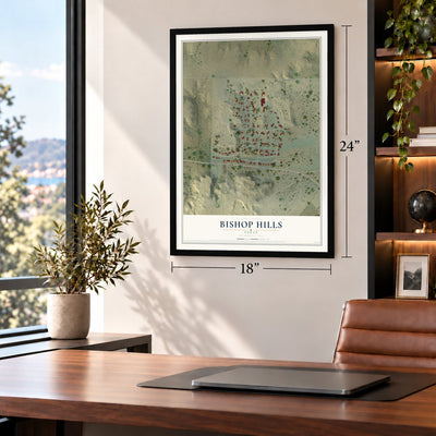 Bishop Hills, Texas map, 18 x 24 inch print in a black frame in a home office