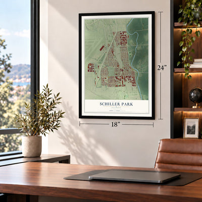 Schiller Park, Illinois map, 18 x 24 inch print in a black frame in a home office