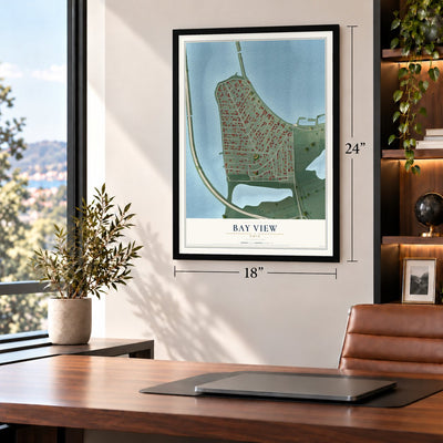 Bay View, Ohio map, 18 x 24 inch print in a black frame in a home office