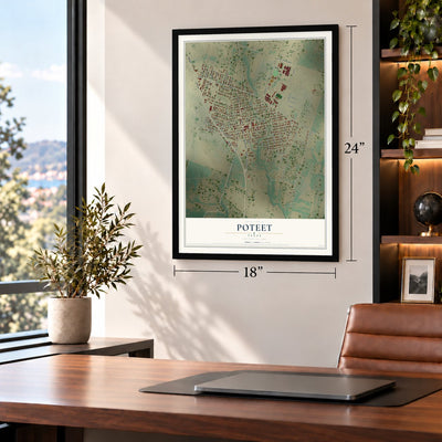 Poteet, Texas map, 18 x 24 inch print in a black frame in a home office