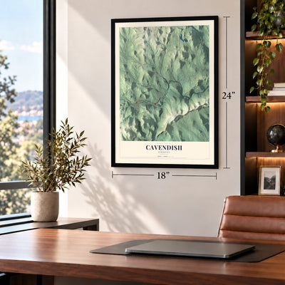 Cavendish, Vermont map, 18 x 24 inch print in a black frame in a home office