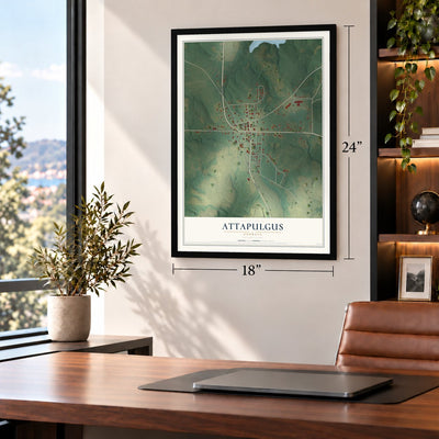 Attapulgus, Georgia map, 18 x 24 inch print in a black frame in a home office