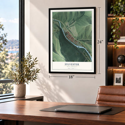 Sylvester, West Virginia map, 18 x 24 inch print in a black frame in a home office