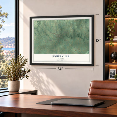 Somerville, Alabama map, 18 x 24 inch print in a black frame in a home office