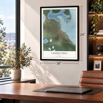 Laguna Vista, Texas map, 18 x 24 inch print in a black frame in a home office