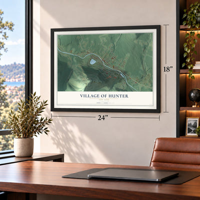 Village of Hunter, New York map, 18 x 24 inch print in a black frame in a home office