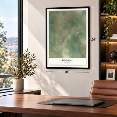 Hudson, Colorado map, 18 x 24 inch print in a black frame in a home office