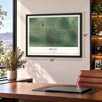 Regal, Minnesota map, 18 x 24 inch print in a black frame in a home office