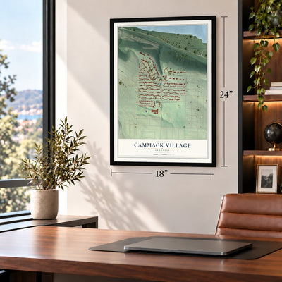 Cammack Village, Arkansas map, 18 x 24 inch print in a black frame in a home office