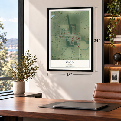 Waco, Missouri map, 18 x 24 inch print in a black frame in a home office