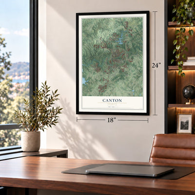 Canton, Georgia map, 18 x 24 inch print in a black frame in a home office