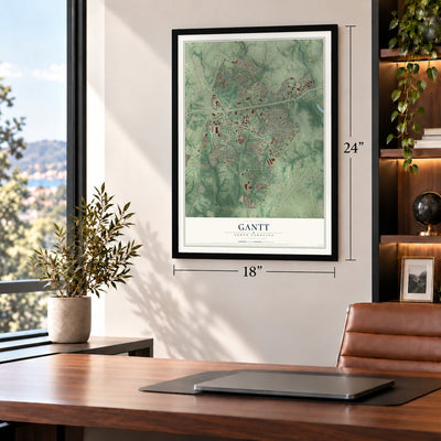 Gantt, South Carolina map, 18 x 24 inch print in a black frame in a home office