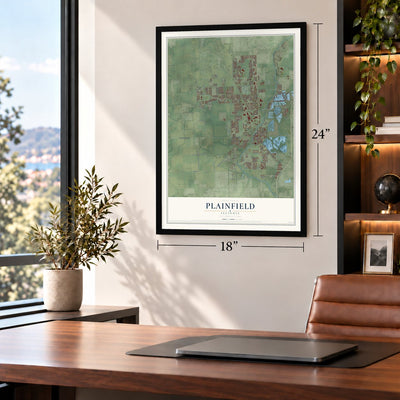 Plainfield, Illinois map, 18 x 24 inch print in a black frame in a home office