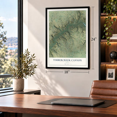 Timbercreek Canyon, Texas map, 18 x 24 inch print in a black frame in a home office