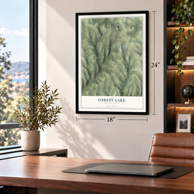 Forest Lake, Pennsylvania map, 18 x 24 inch print in a black frame in a home office