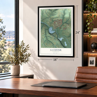 La Center, Washington map, 18 x 24 inch print in a black frame in a home office