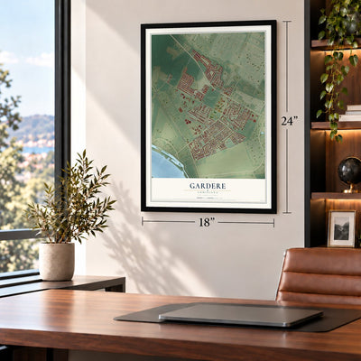 Gardere, Louisiana map, 18 x 24 inch print in a black frame in a home office