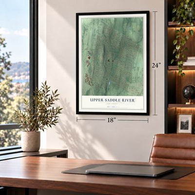 Upper Saddle River, New Jersey map, 18 x 24 inch print in a black frame in a home office