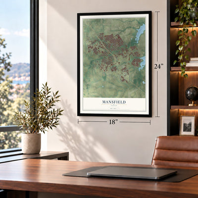 Mansfield, Texas map, 18 x 24 inch print in a black frame in a home office
