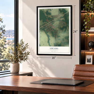 Lucama, North Carolina map, 18 x 24 inch print in a black frame in a home office