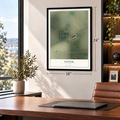 Yetter, Iowa map, 18 x 24 inch print in a black frame in a home office