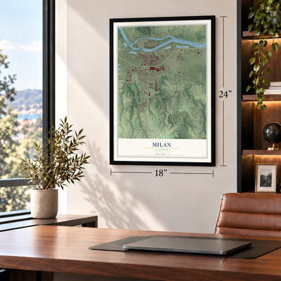 Milan, Illinois map, 18 x 24 inch print in a black frame in a home office