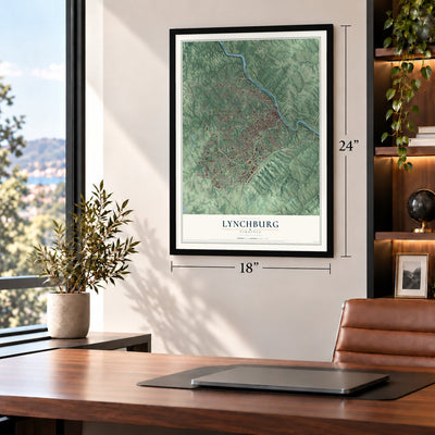 Lynchburg, Virginia map, 18 x 24 inch print in a black frame in a home office