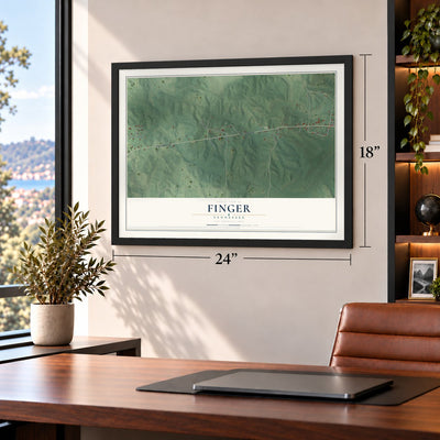 Finger, Tennessee map, 18 x 24 inch print in a black frame in a home office