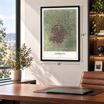 Lubbock, Texas map, 18 x 24 inch print in a black frame in a home office