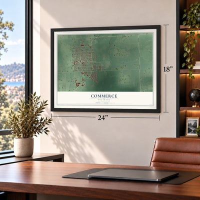 Commerce, Oklahoma map, 18 x 24 inch print in a black frame in a home office