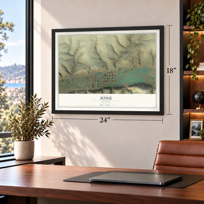 Ione, Oregon map, 18 x 24 inch print in a black frame in a home office