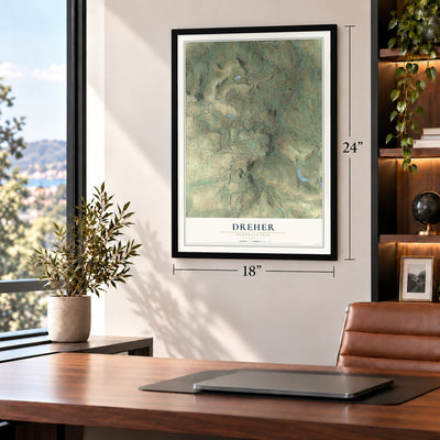 Dreher, Pennsylvania map, 18 x 24 inch print in a black frame in a home office