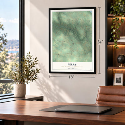 Perry, Mercer County, Pennsylvania map, 18 x 24 inch print in a black frame in a home office