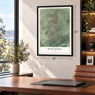 Burr Ridge, Illinois map, 18 x 24 inch print in a black frame in a home office
