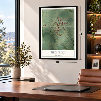 Beecher City, Illinois map, 18 x 24 inch print in a black frame in a home office