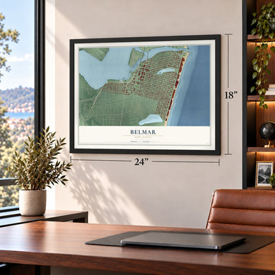 Belmar, New Jersey map, 18 x 24 inch print in a black frame in a home office