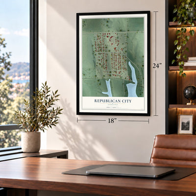 Republican City, Nebraska map, 18 x 24 inch print in a black frame in a home office