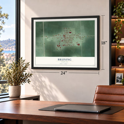 Bruning, Nebraska map, 18 x 24 inch print in a black frame in a home office