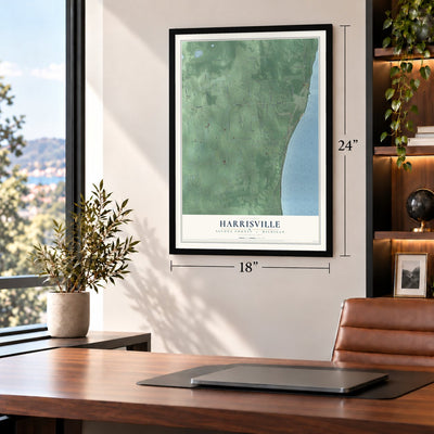 Harrisville, Alcona County, Michigan map, 18 x 24 inch print in a black frame in a home office