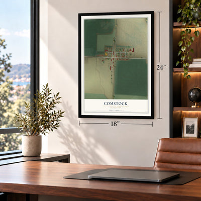 Comstock, Minnesota map, 18 x 24 inch print in a black frame in a home office