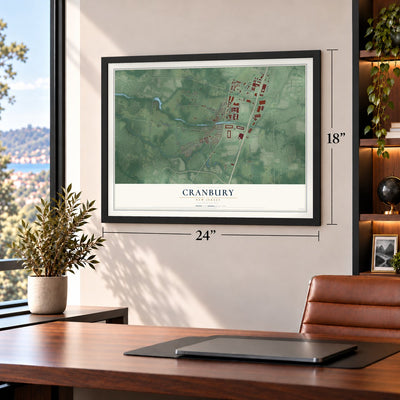 Cranbury, New Jersey map, 18 x 24 inch print in a black frame in a home office