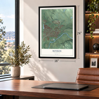 Monroe, Washington map, 18 x 24 inch print in a black frame in a home office