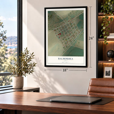 Balmorhea, Texas map, 18 x 24 inch print in a black frame in a home office