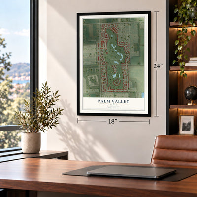 Palm Valley, Texas map, 18 x 24 inch print in a black frame in a home office