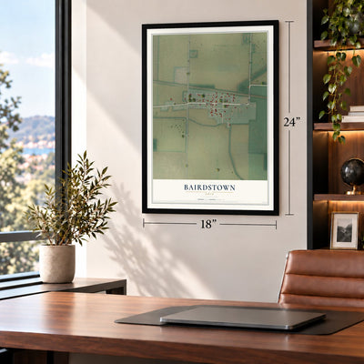 Bairdstown, Ohio map, 18 x 24 inch print in a black frame in a home office