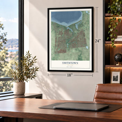 Smithtown, New York map, 18 x 24 inch print in a black frame in a home office