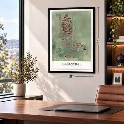 Bensenville, Illinois map, 18 x 24 inch print in a black frame in a home office