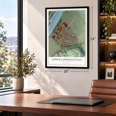 Lower Lawrenceville, Pennsylvania map, 18 x 24 inch print in a black frame in a home office