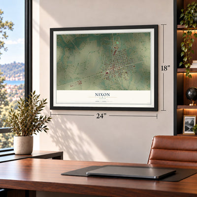 Nixon, Texas map, 18 x 24 inch print in a black frame in a home office